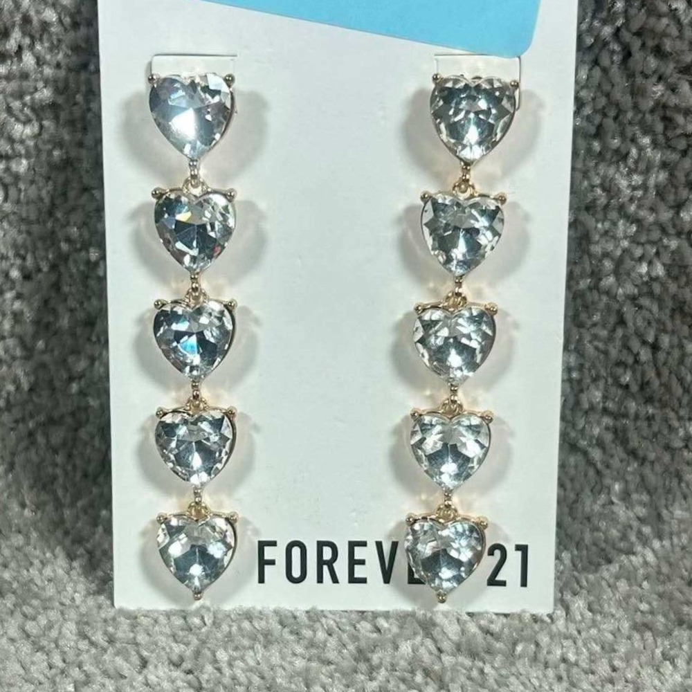 Forever 21 Heart Drop Earrings Goldtone Crystal Tiered Dangle‎ Women